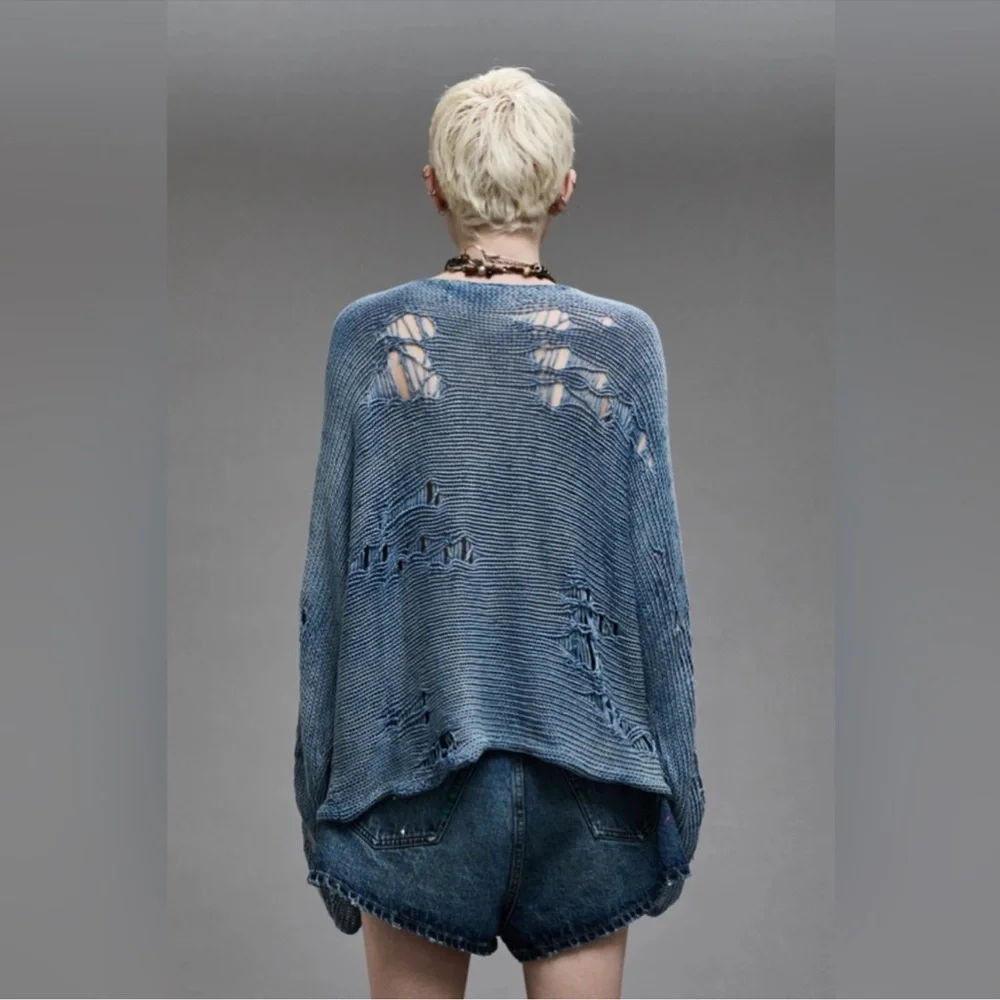 R13 Distressed Boyfriend Crewneck Sweater in Indigo Blue Size XS - Picture 3 of 13